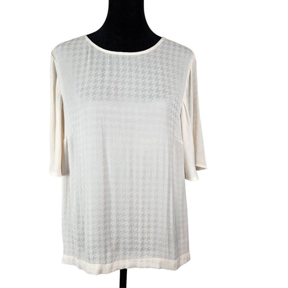 A New Day Womens Cream Houndstooth Short Sleeve Blouse Size Medium Casual Career
